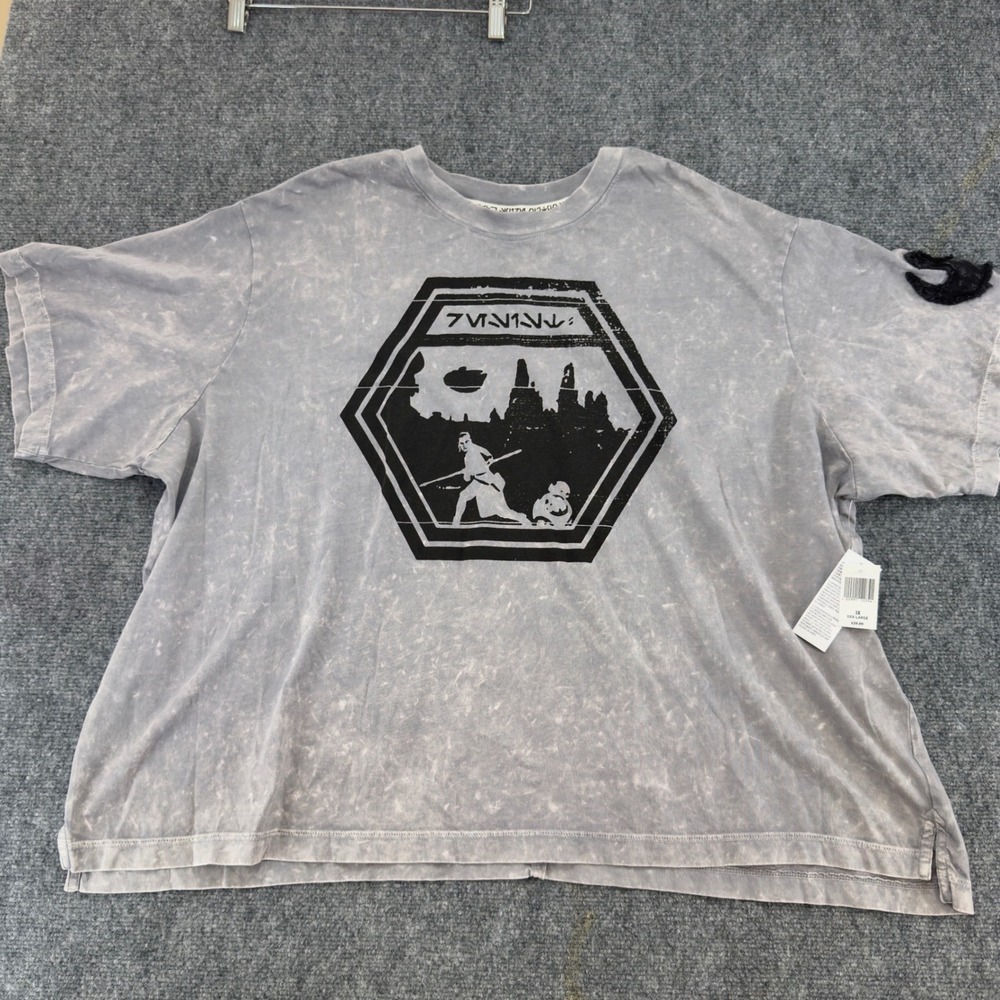 NWT Star Wars Galaxys Edge Rey BB-8 Graphic T-Shirt Gray Acid Wash Size 2X